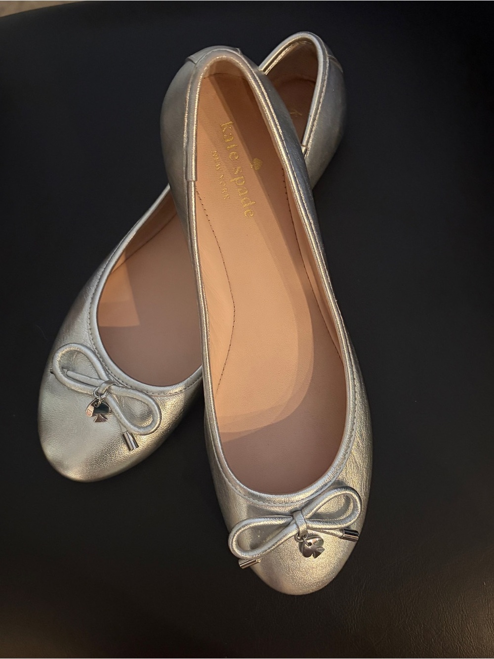 Kate Spade NY Metallic Silver Ballet Flats 7.5M – Bow & Spade Charm